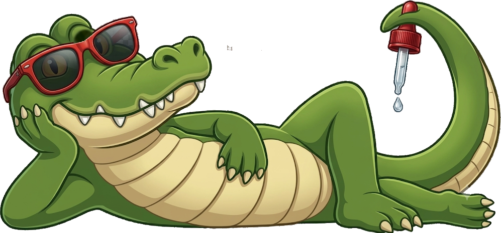 The Zerodaddy croc lounging in red sunglasses, dangling a dropper with a drop about to fall
