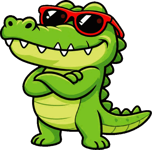 The Zerodaddy croc mascot standing with its arms crossed in red sunglasses