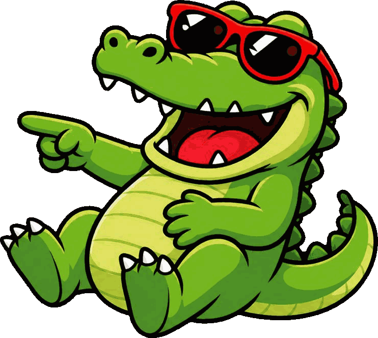 The Zerodaddy croc in red sunglasses, grinning and pointing